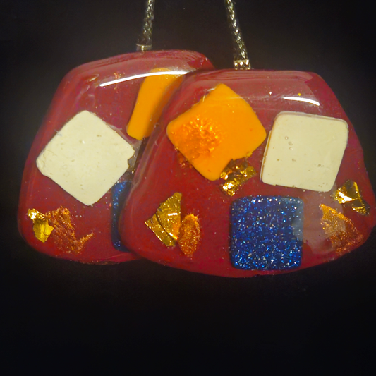 Red Rounded Square with White, Orange & Blue Glitter Color Block Tile Resin Earrings