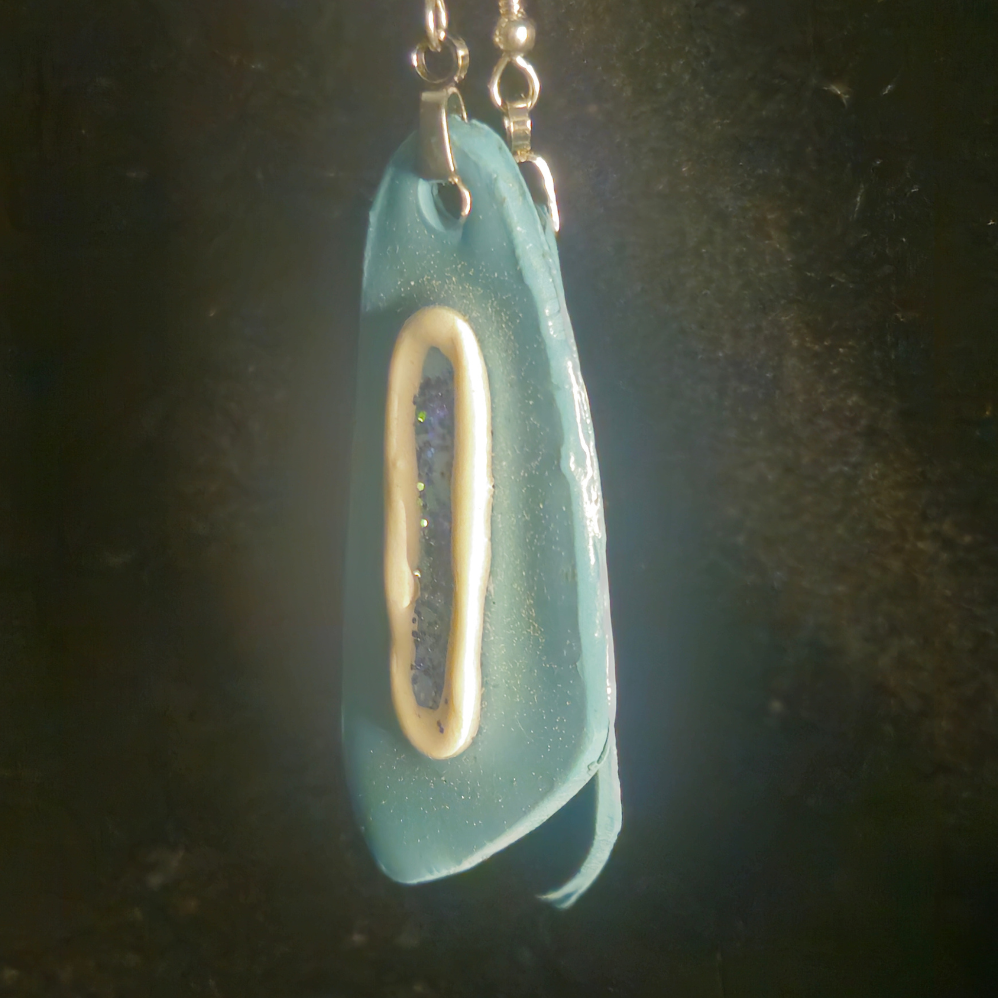 Powder Blue Resin Slab Earrings with Cream Oval & Iridescent Glitter Center