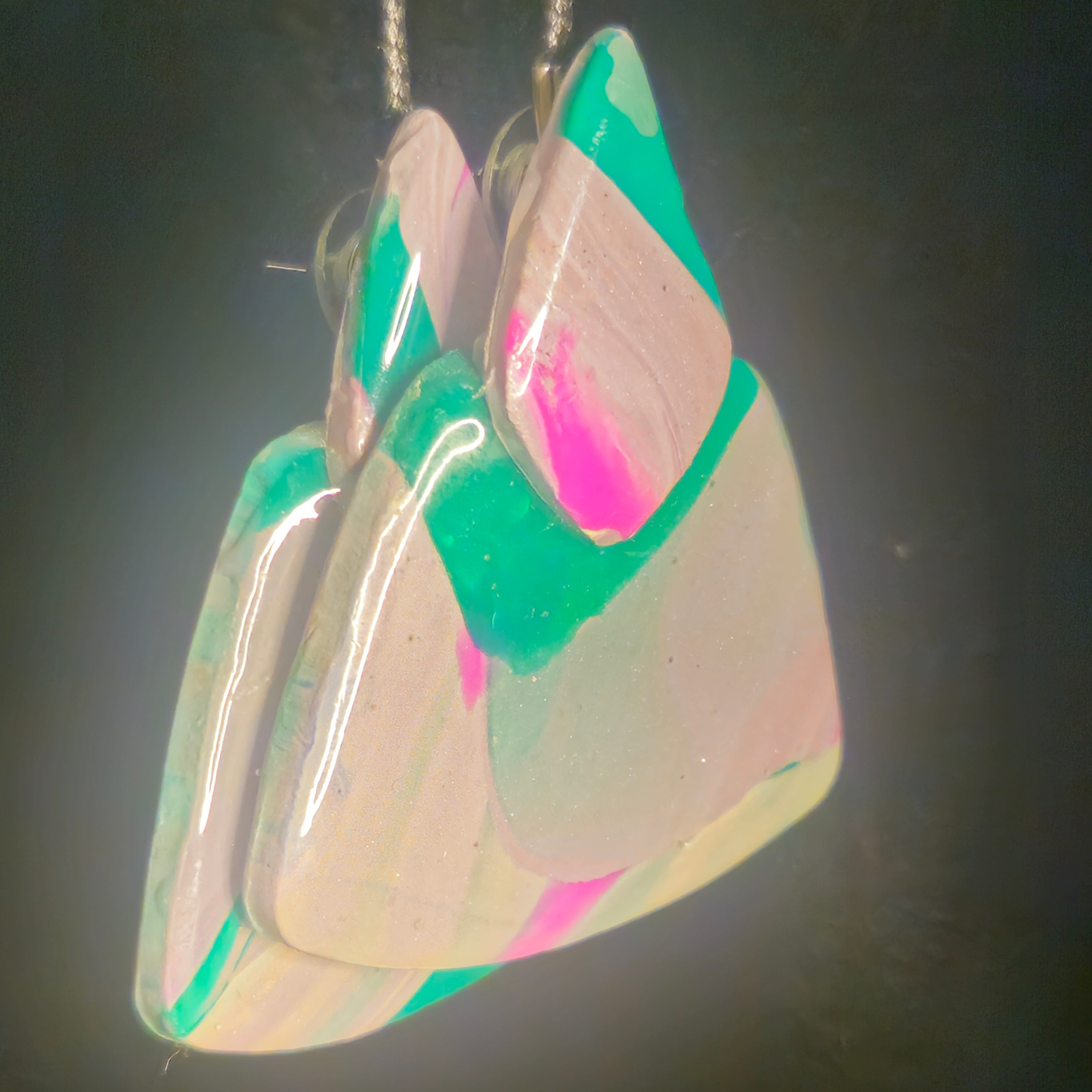 Pink, Green & White Geometric Crystal Slab Resin Earrings