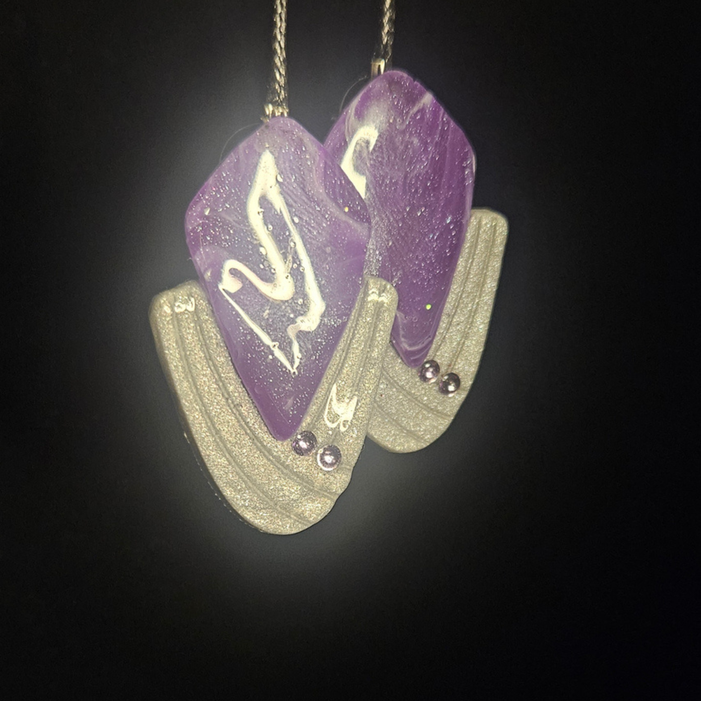 Purple & White Swirl Diamond with Silver Glitter Arc & Bead Resin Earrings