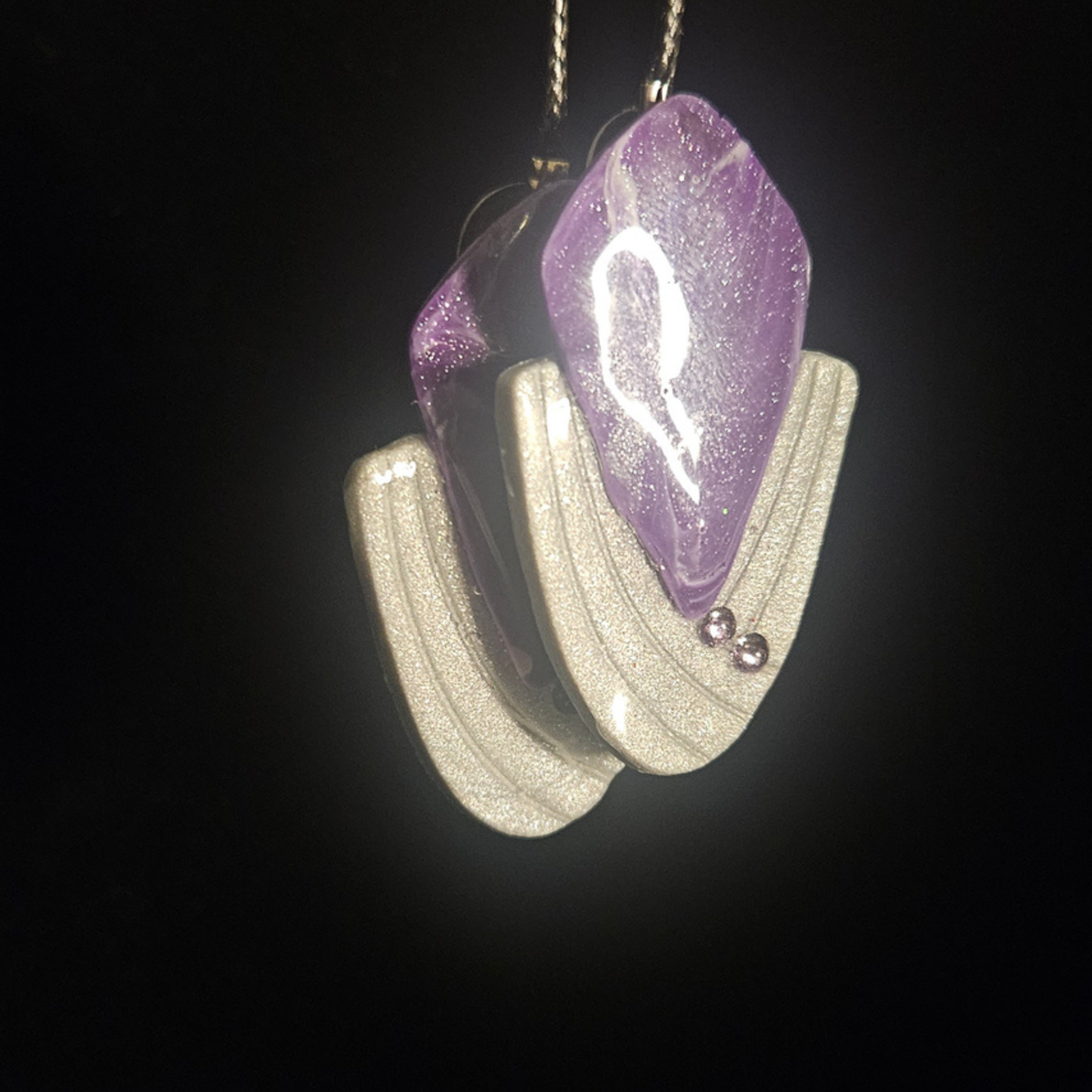 Purple & White Swirl Diamond with Silver Glitter Arc & Bead Resin Earrings