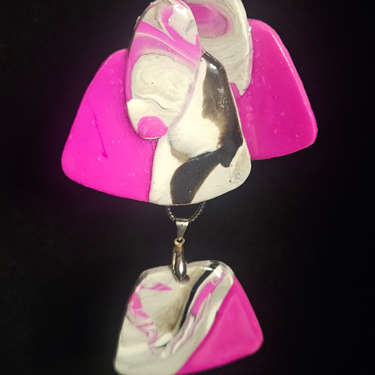 Hot Pink & Black White Marble Swirl Resin Earring & Necklace Set