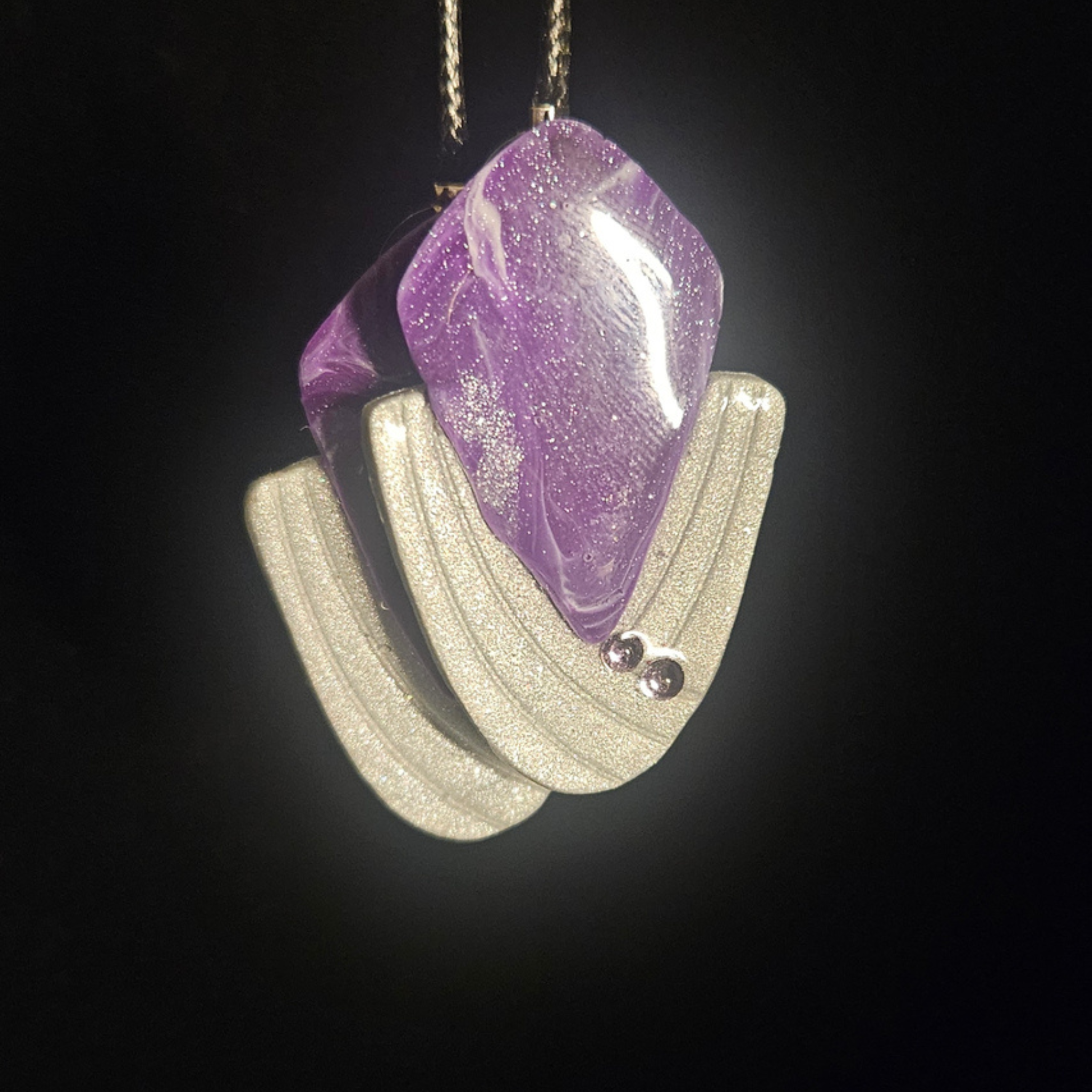 Purple & White Swirl Diamond with Silver Glitter Arc & Bead Resin Earrings