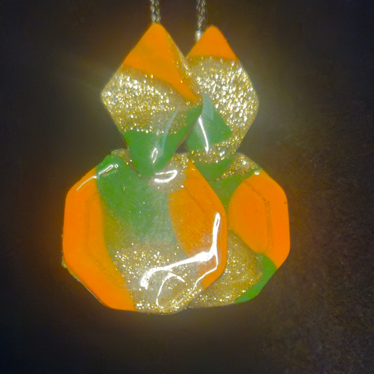 Orange & Green Geometric Resin Drop Earrings with Gold Glitter