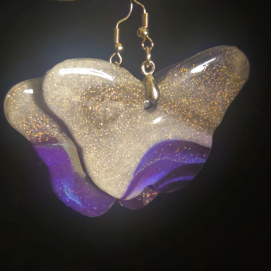 White Gold Glitter & Purple Ombre Butterfly Resin Dangle Earrings