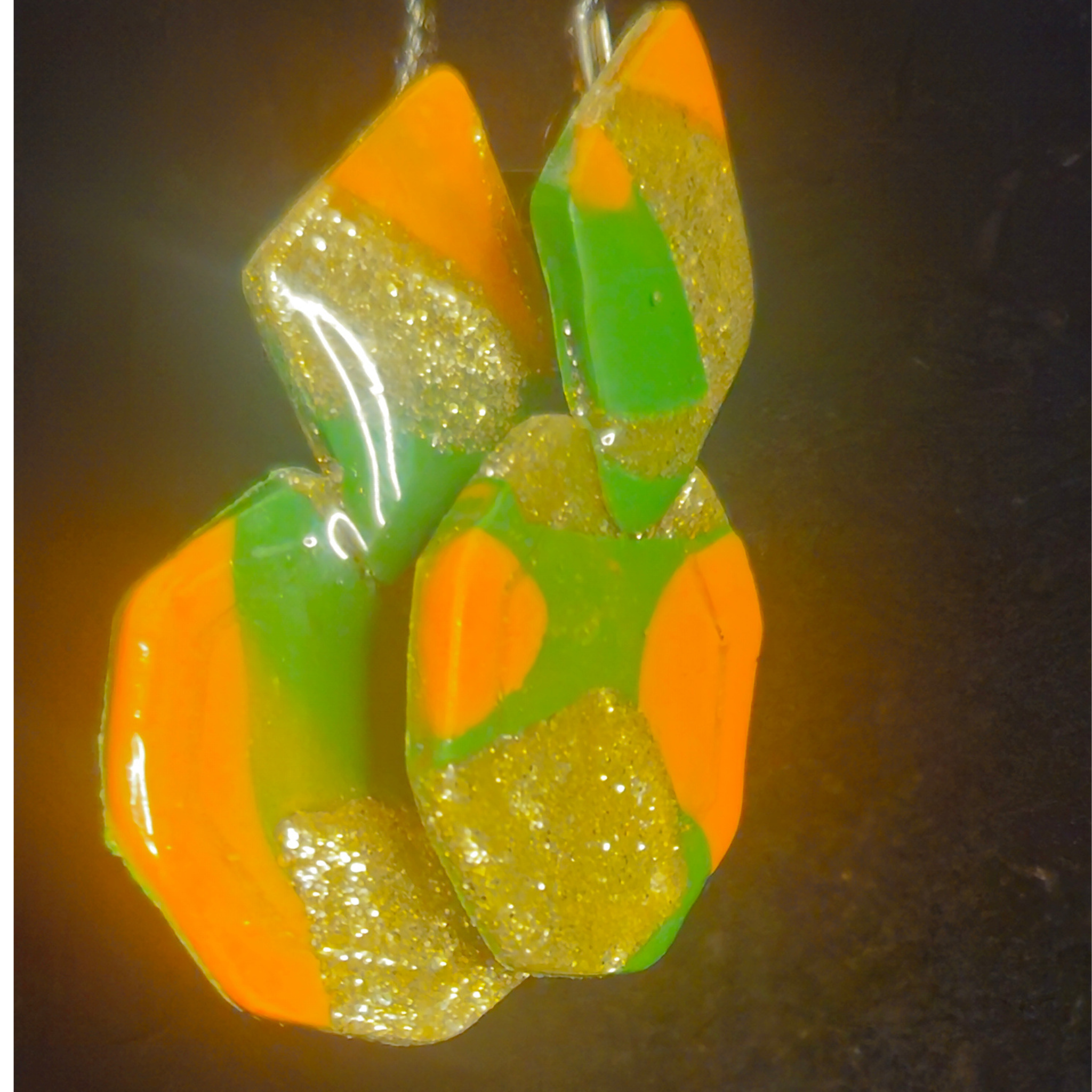 Orange & Green Geometric Resin Drop Earrings with Gold Glitter
