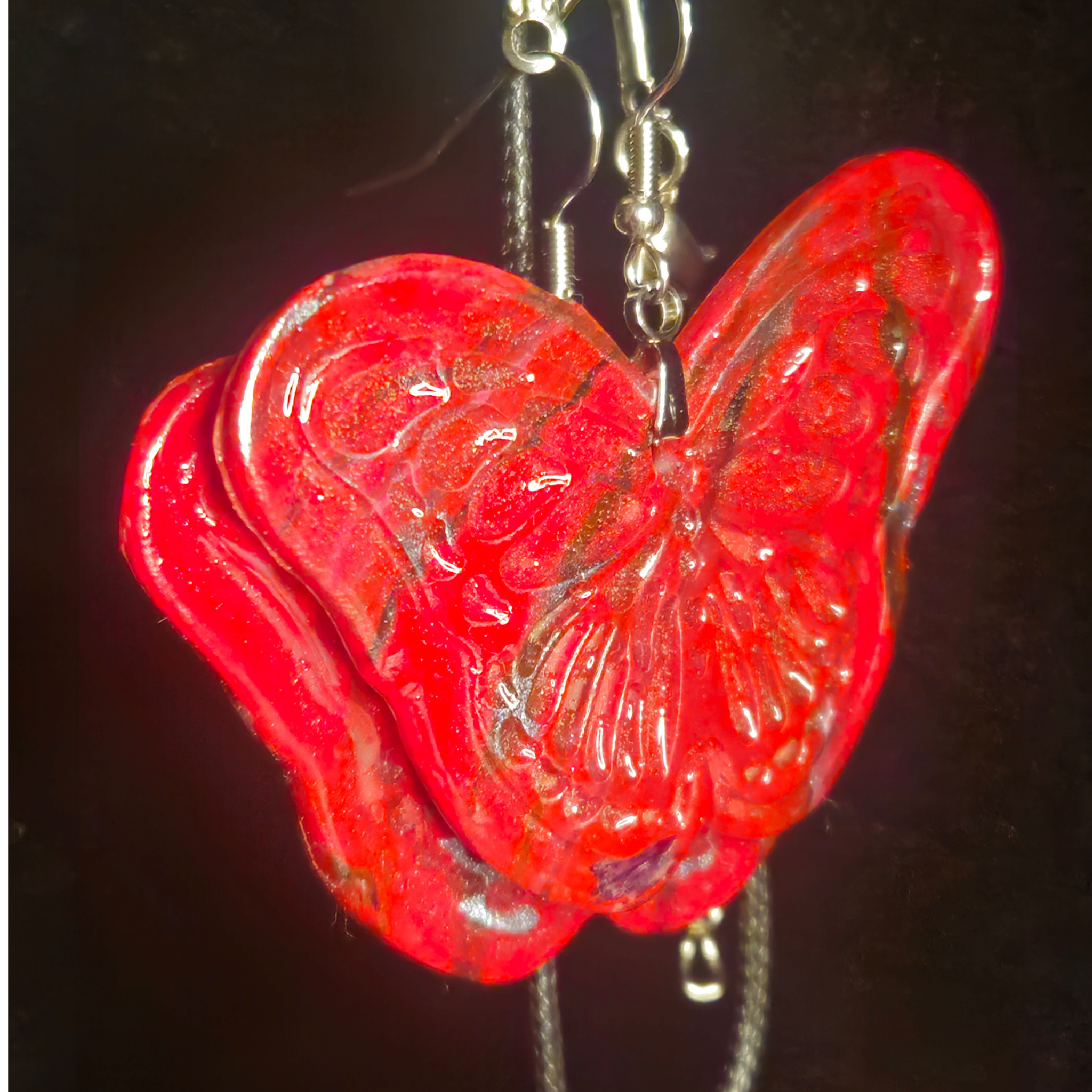 Red Glitter Carved Double Butterfly Resin Earring & Necklace Set