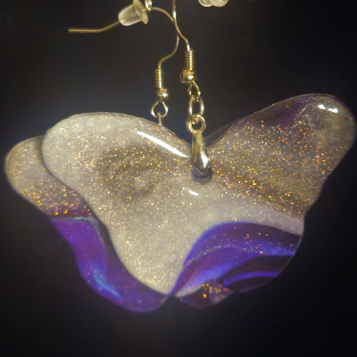 White Gold Glitter & Purple Ombre Butterfly Resin Dangle Earrings