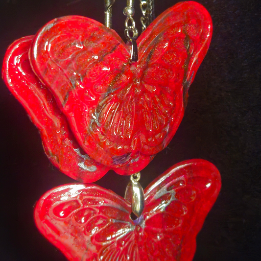 Red Glitter Carved Double Butterfly Resin Earring & Necklace Set