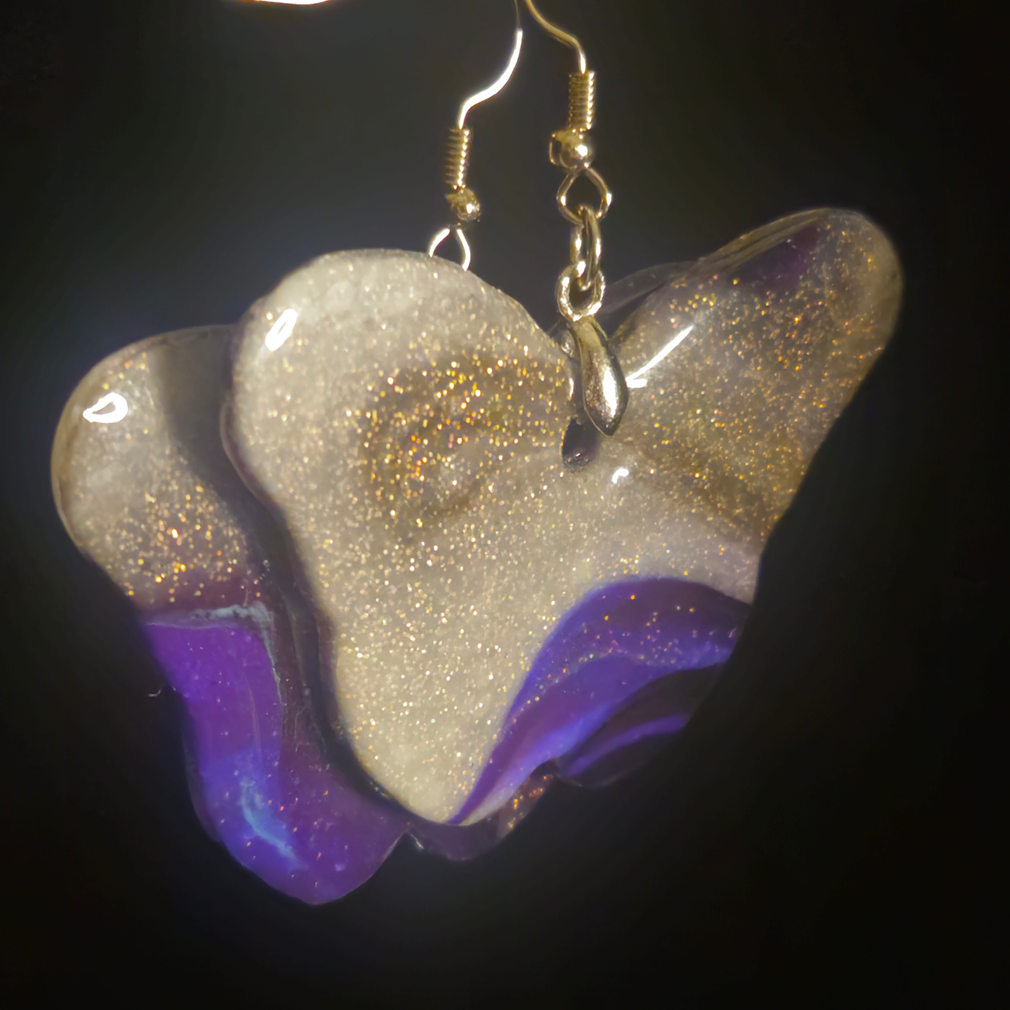 White Gold Glitter & Purple Ombre Butterfly Resin Dangle Earrings
