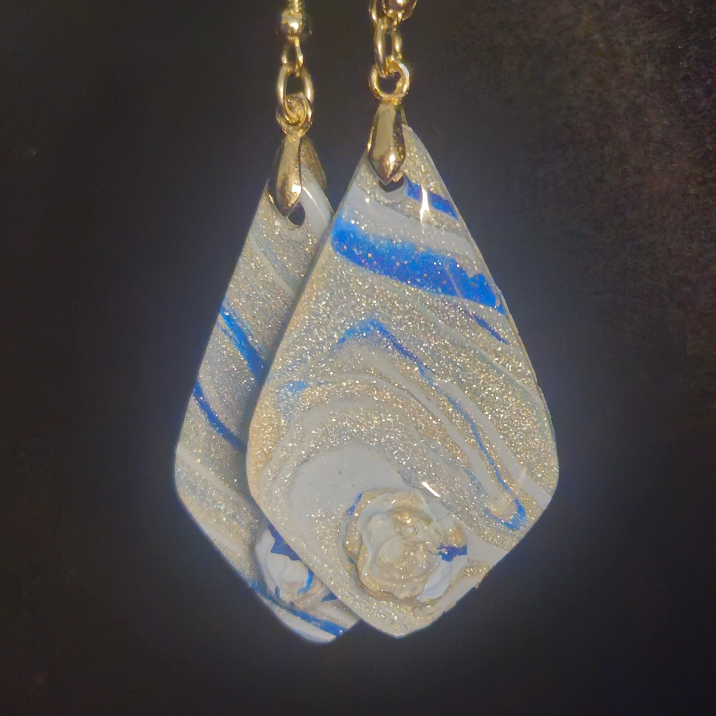 Silver & Blue Stripe Glitter Diamond Resin Dangle Earrings with Rose Detail