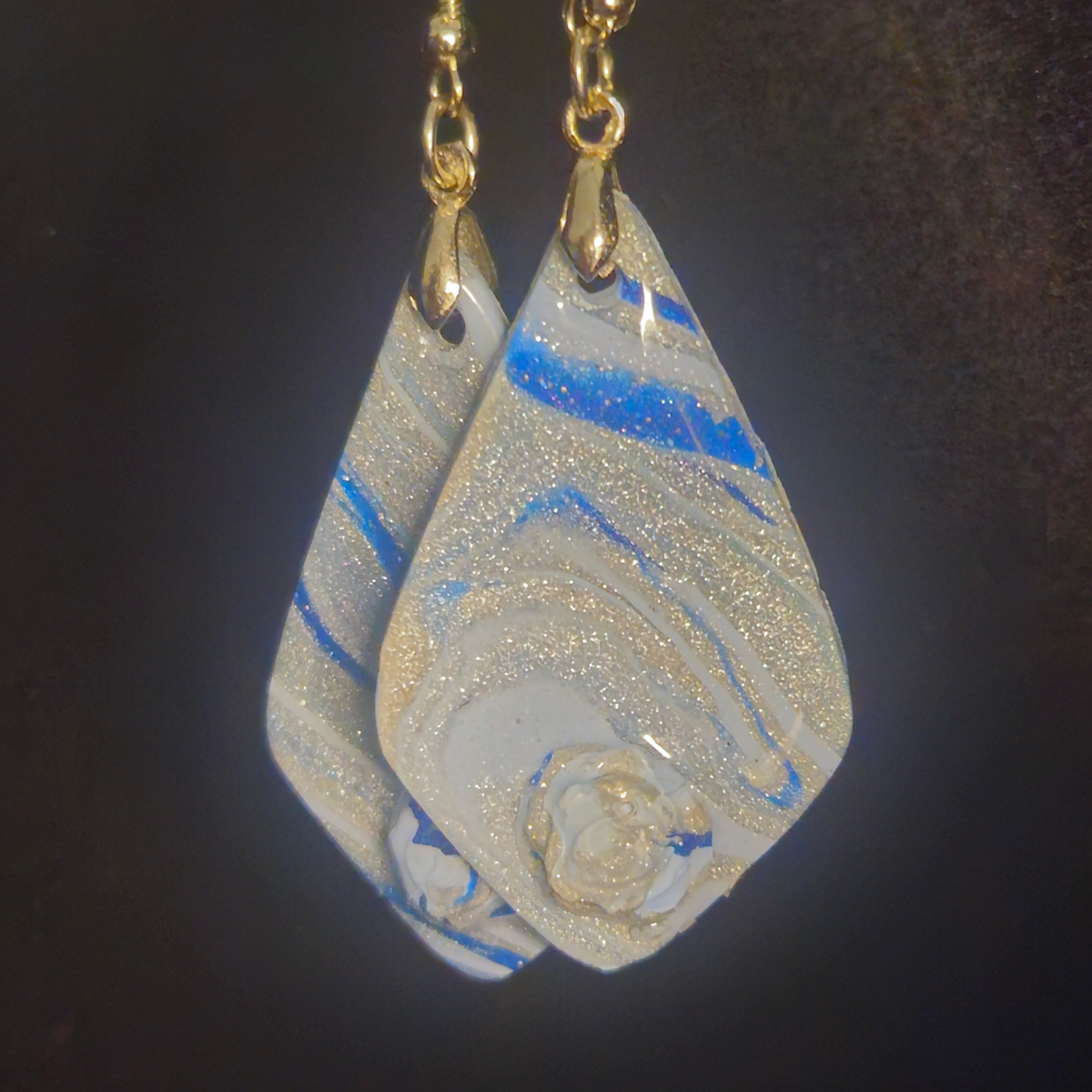 Silver & Blue Stripe Glitter Diamond Resin Dangle Earrings with Rose Detail