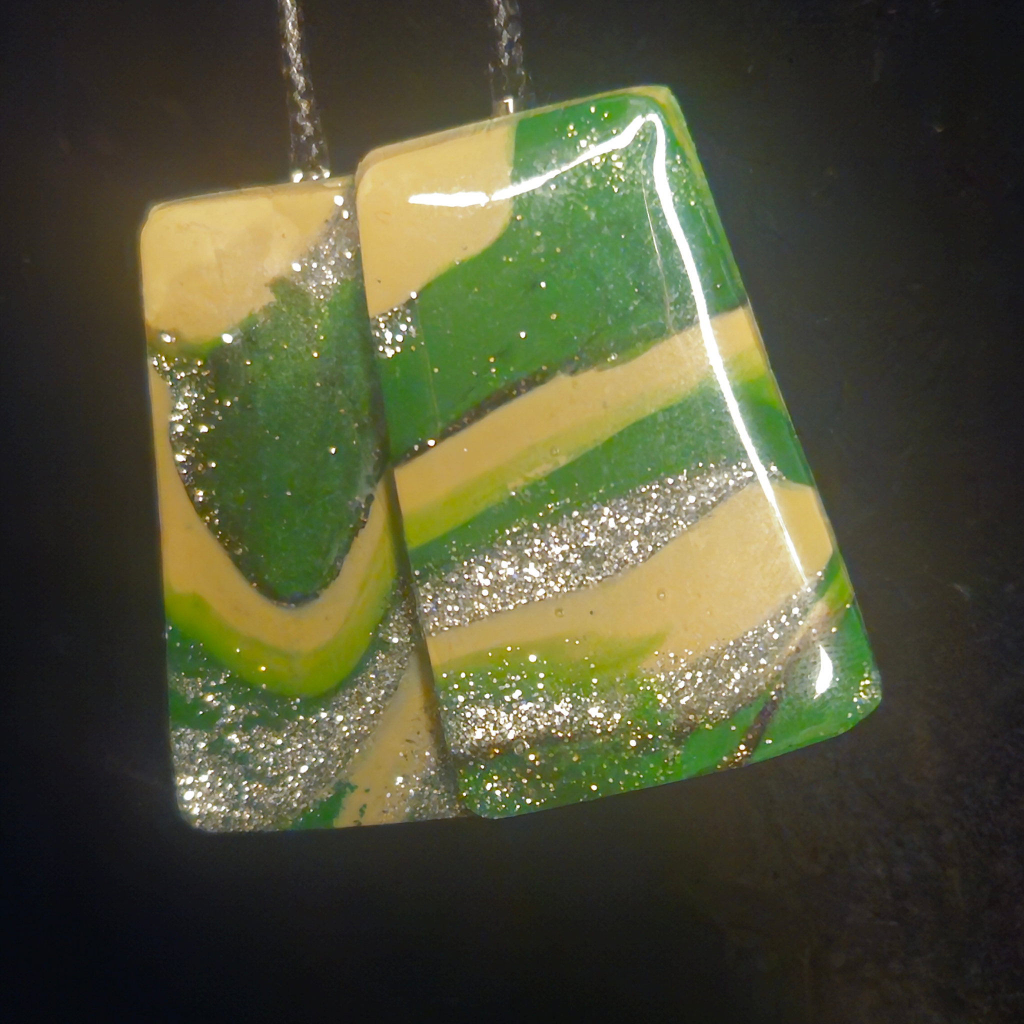 Green & Cream Swirl Resin Rectangle Drop Earrings with Silver Glitter