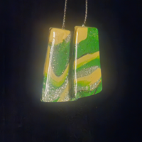 Green & Cream Swirl Resin Rectangle Drop Earrings with Silver Glitter