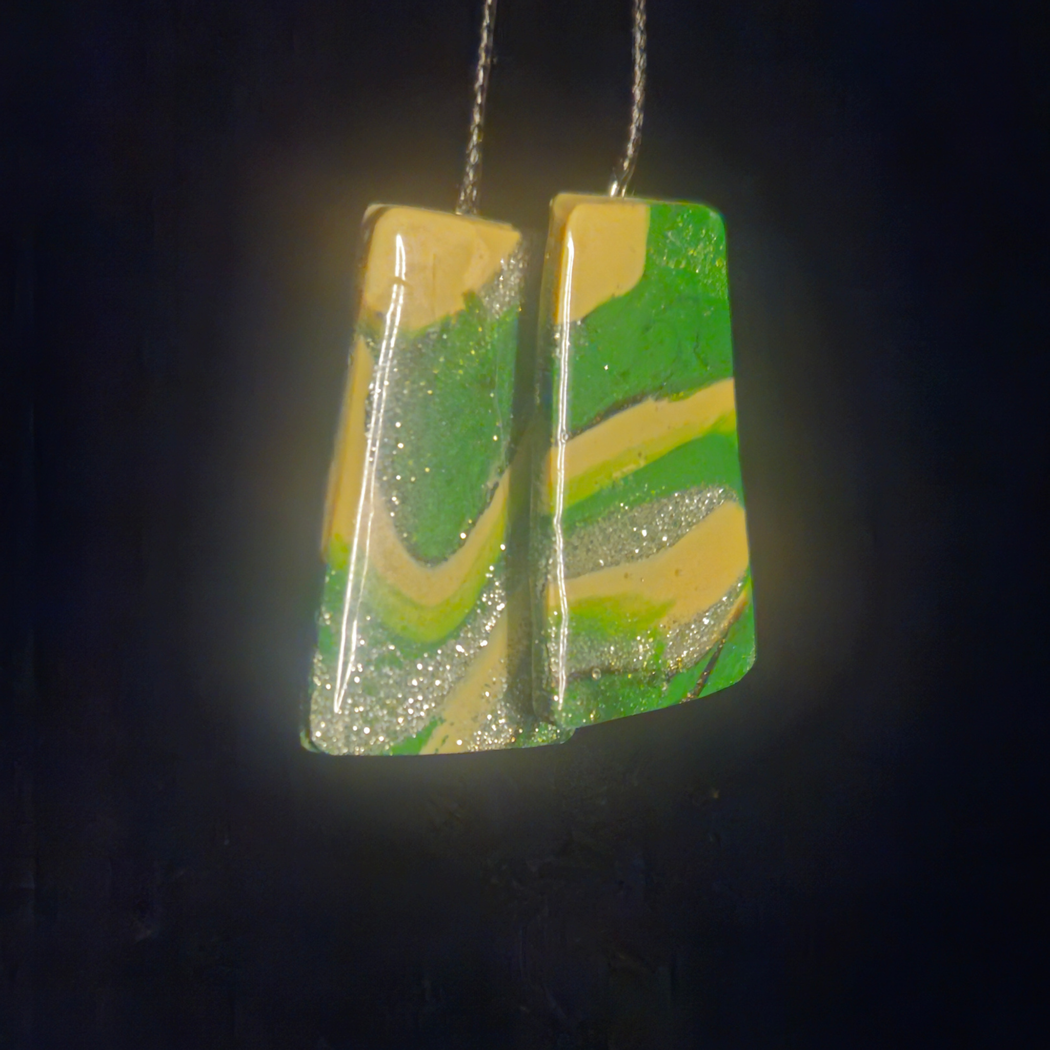 Green & Cream Swirl Resin Rectangle Drop Earrings with Silver Glitter