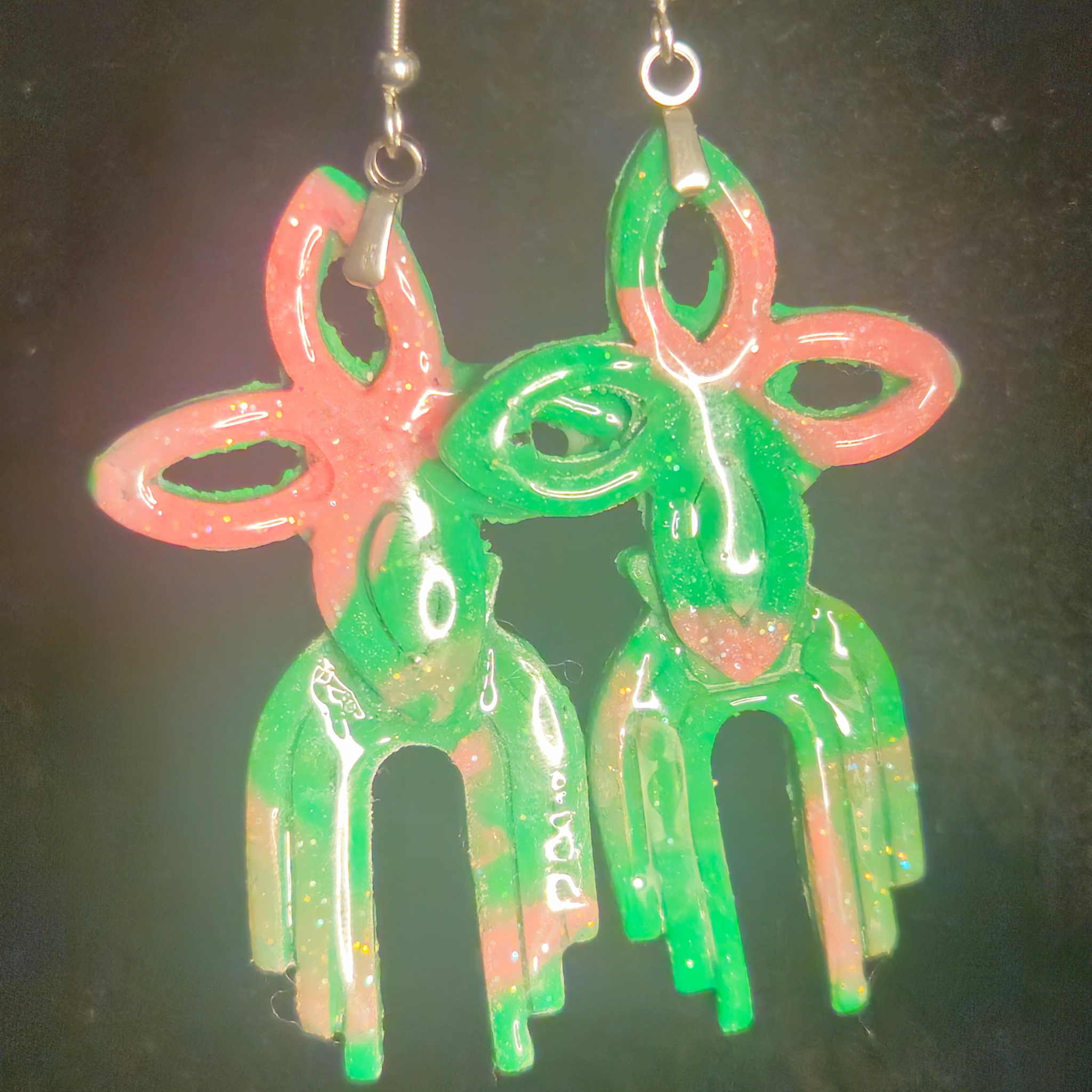 Neon Green & Pink Glitter Open Flower Wind Chime Resin Dangle Earrings