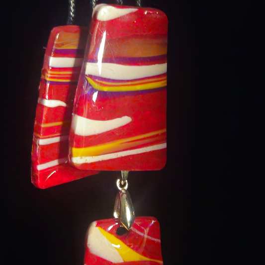 Red Multicolor Stripe Rectangle Resin Earring & Necklace Set