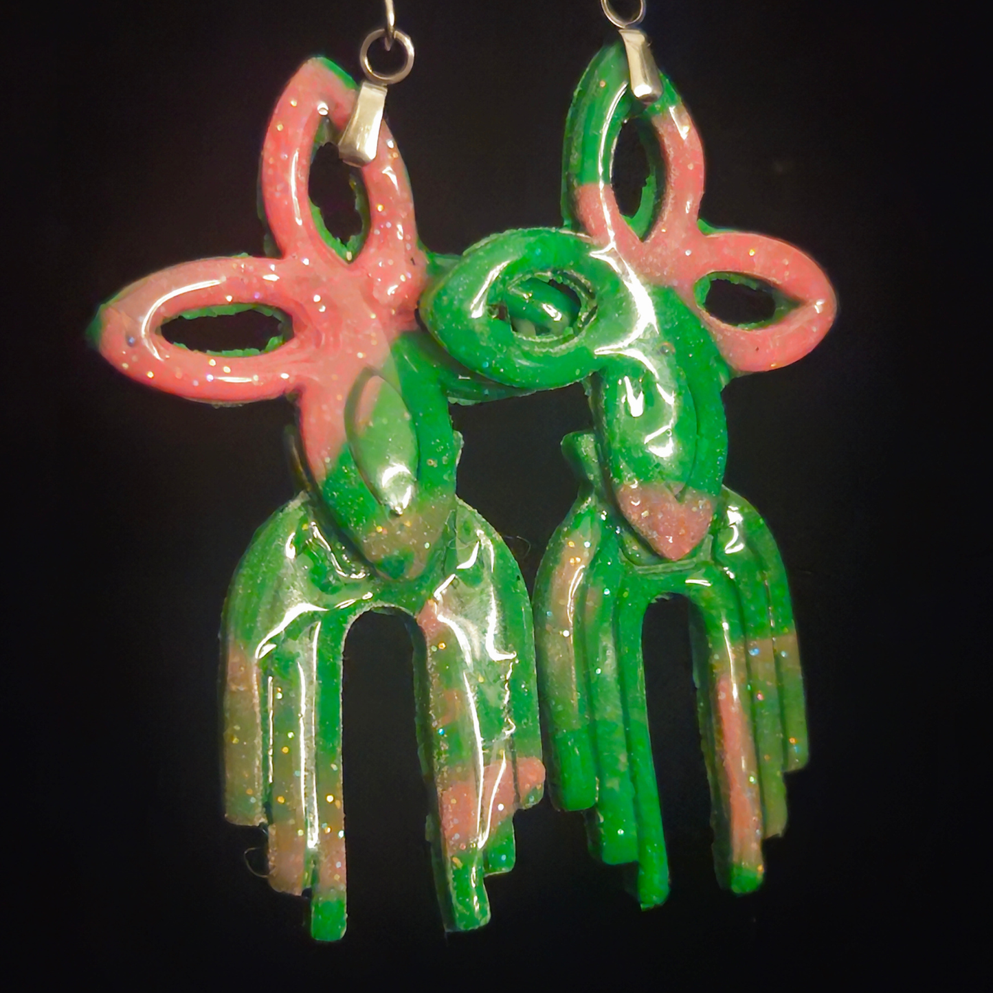 Neon Green & Pink Glitter Open Flower Wind Chime Resin Dangle Earrings