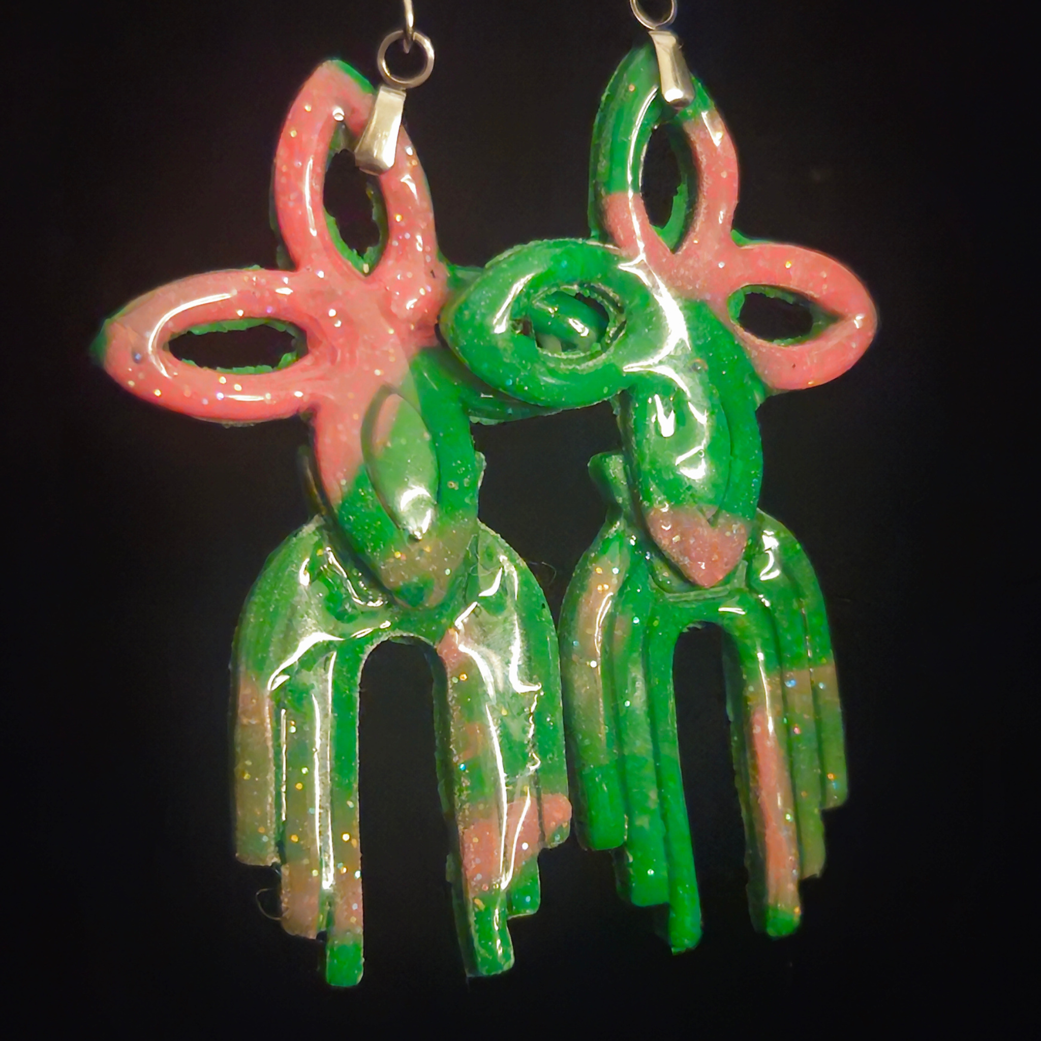 Neon Green & Pink Glitter Open Flower Wind Chime Resin Dangle Earrings