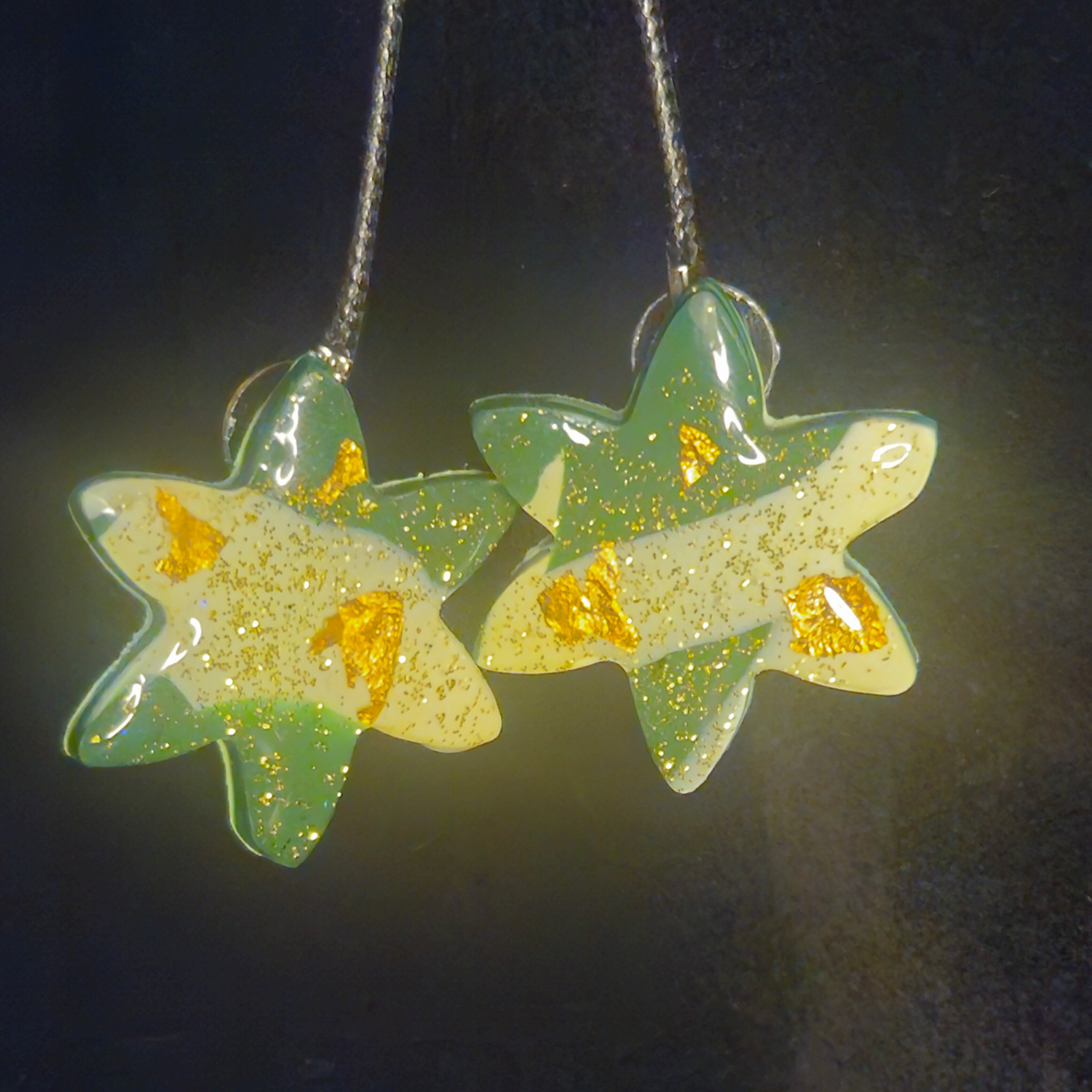 Mint Green Star Resin Drop Earrings with Gold Foil