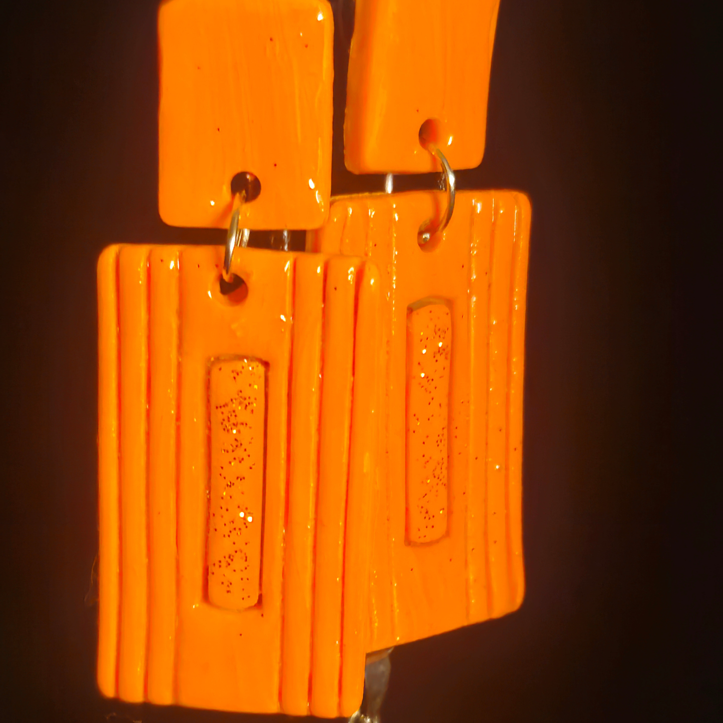 Solid Orange Ribbed Rectangle Resin Earring & Necklace Set