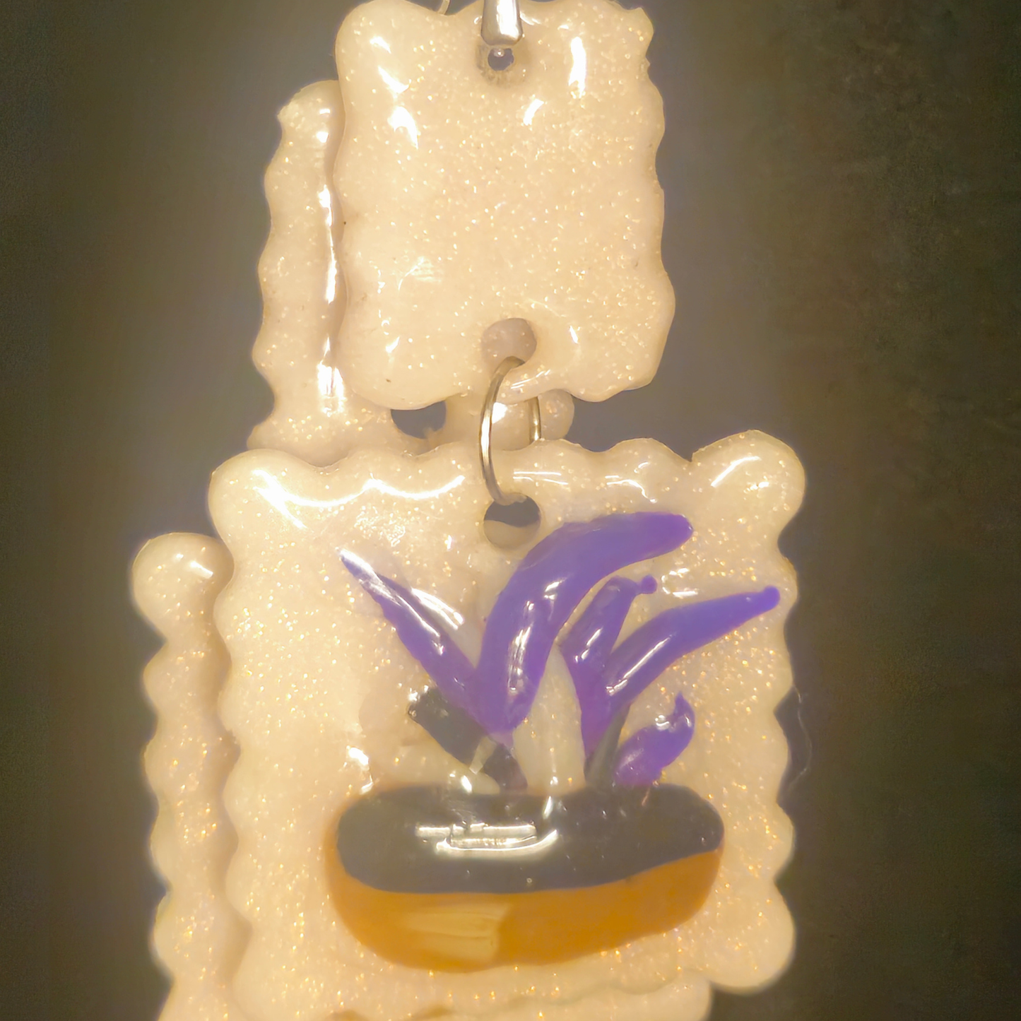 Pink Glitter Scalloped  & Purple Potted Plant Resin Two-Piece Dangle Earrings