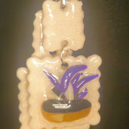 Pink Glitter Scalloped  & Purple Potted Plant Resin Two-Piece Dangle Earrings