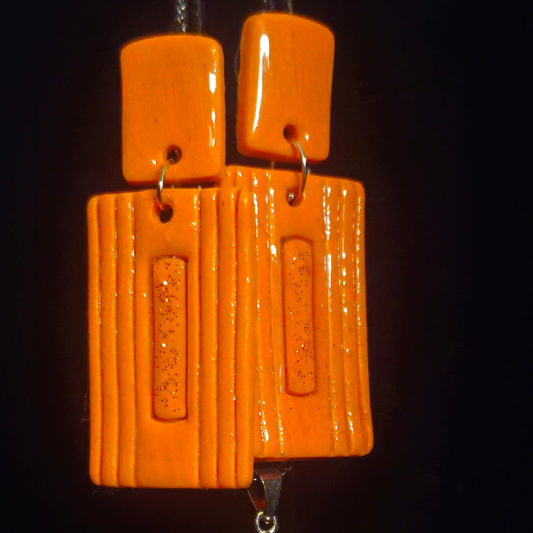 Solid Orange Ribbed Rectangle Resin Earring & Necklace Set