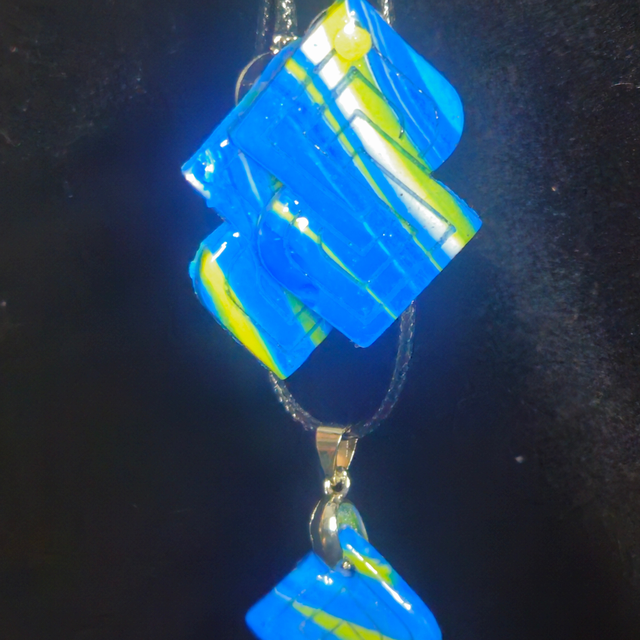 Sky Blue & Neon Yellow Stripe Diamond & Swirl Circle Resin Earrings with Matching Necklace