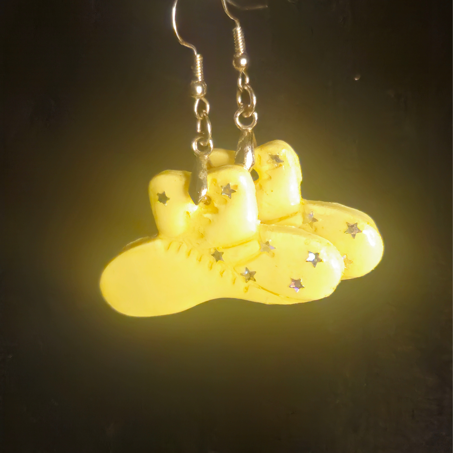Yellow Cowboy Hat Resin Dangle Earrings with Iridescent Stars