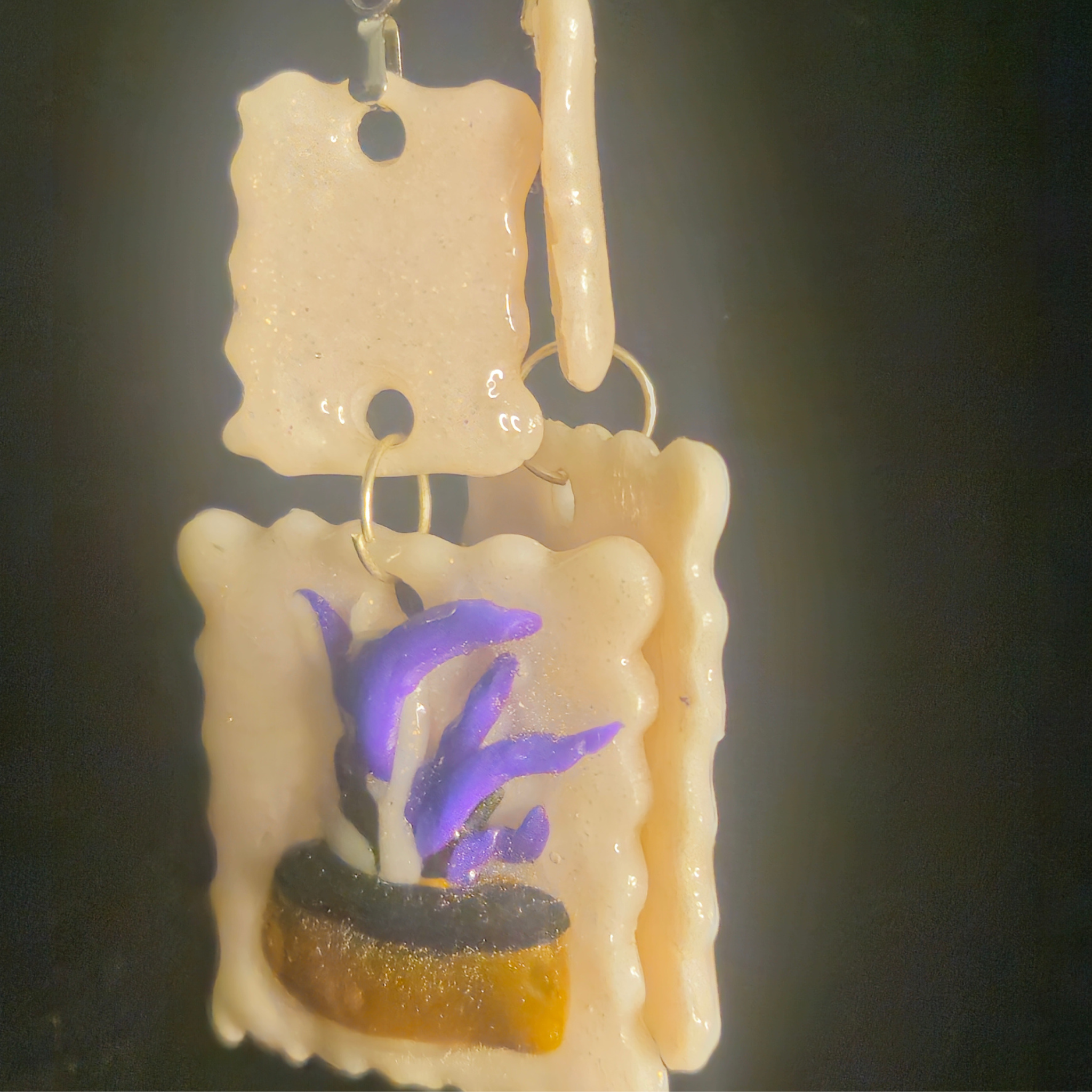 Pink Glitter Scalloped  & Purple Potted Plant Resin Two-Piece Dangle Earrings