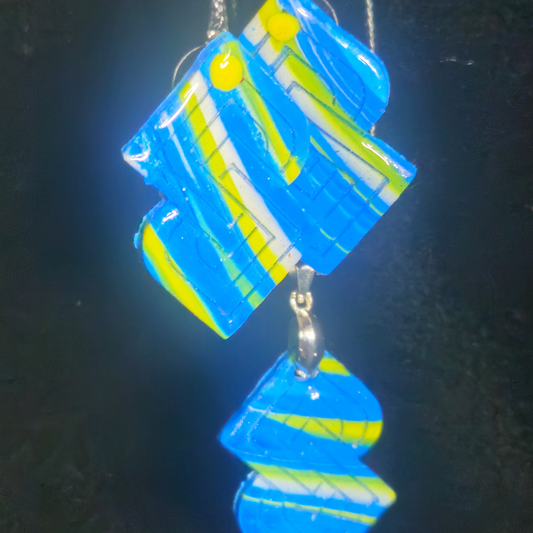 Sky Blue & Neon Yellow Stripe Diamond & Swirl Circle Resin Earrings with Matching Necklace