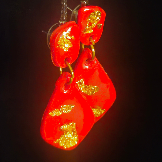 Red & Gold Foil Linked Organic Slab Resin Earrings