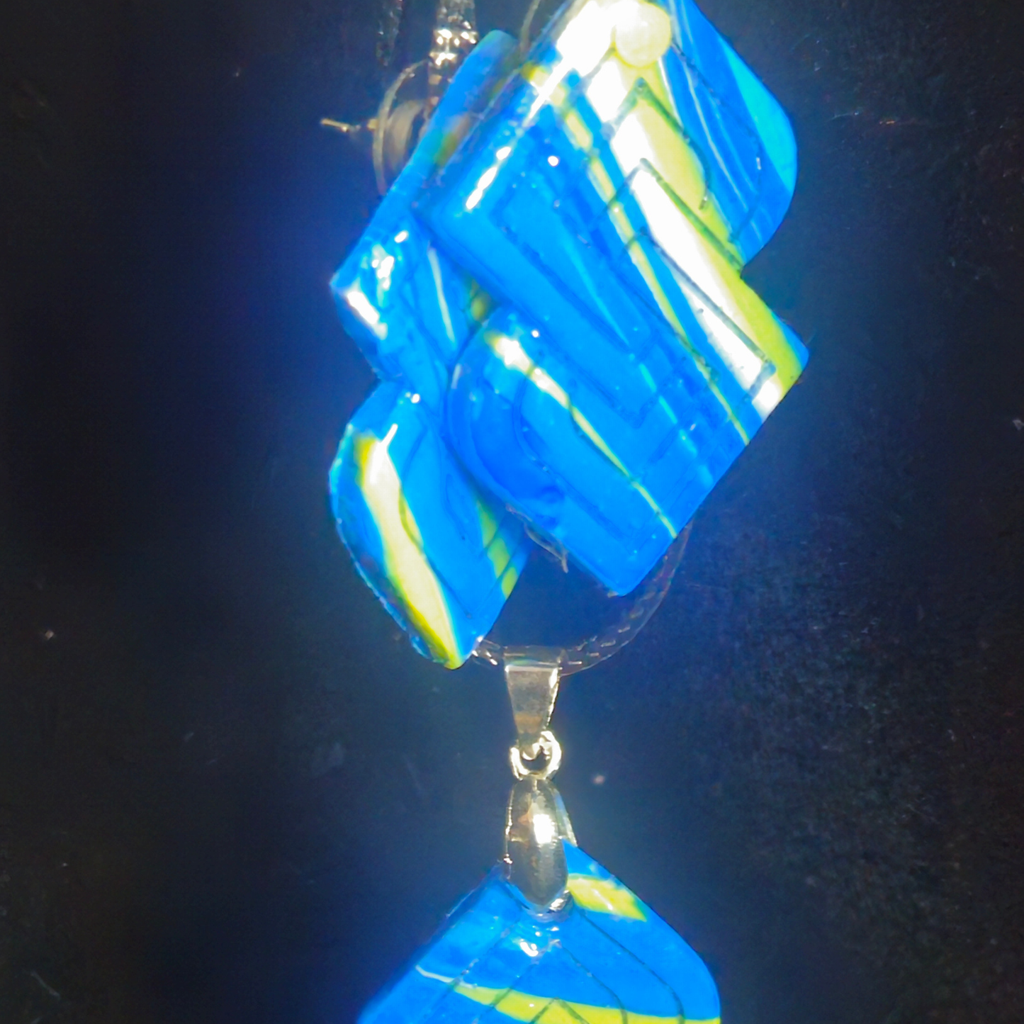Sky Blue & Neon Yellow Stripe Diamond & Swirl Circle Resin Earrings with Matching Necklace