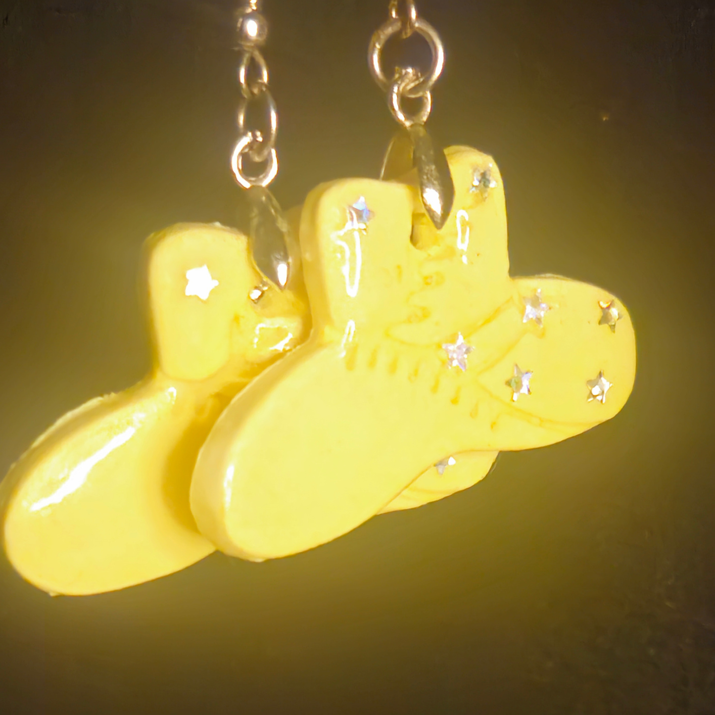 Yellow Cowboy Hat Resin Dangle Earrings with Iridescent Stars