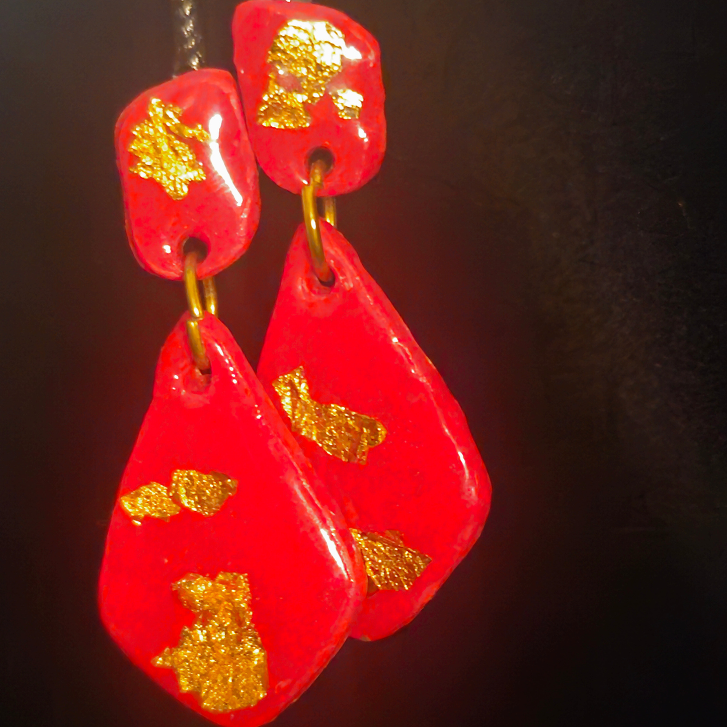 Red & Gold Foil Linked Organic Slab Resin Earrings