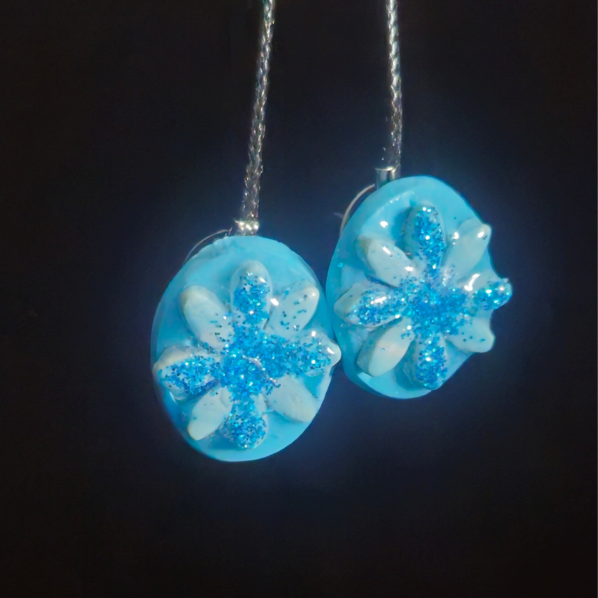 Sky Blue Oval & Blue Glitter Snowflake Resin Earrings