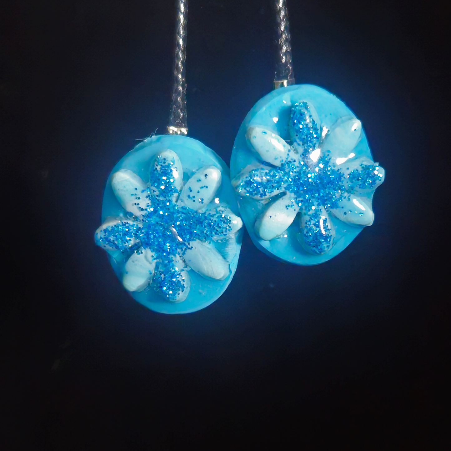 Sky Blue Oval & Blue Glitter Snowflake Resin Earrings