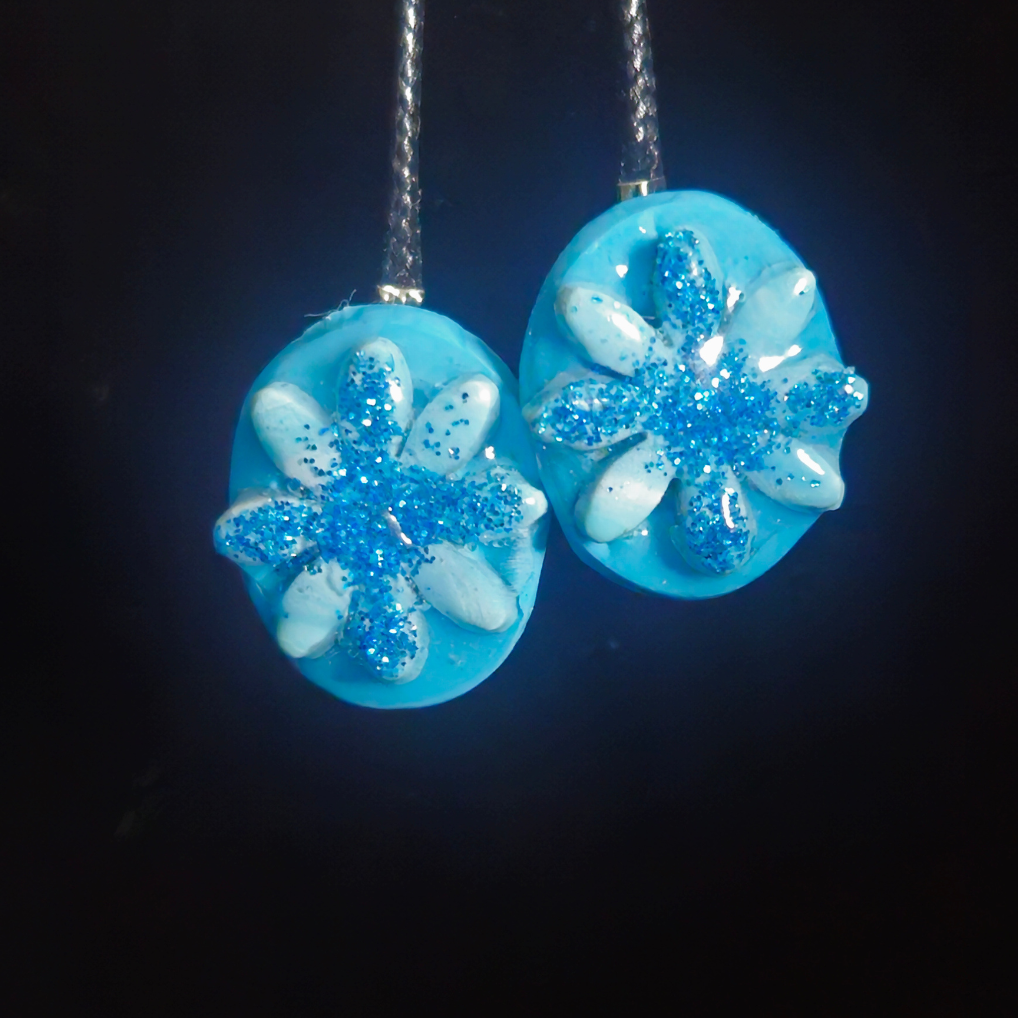 Sky Blue Oval & Blue Glitter Snowflake Resin Earrings