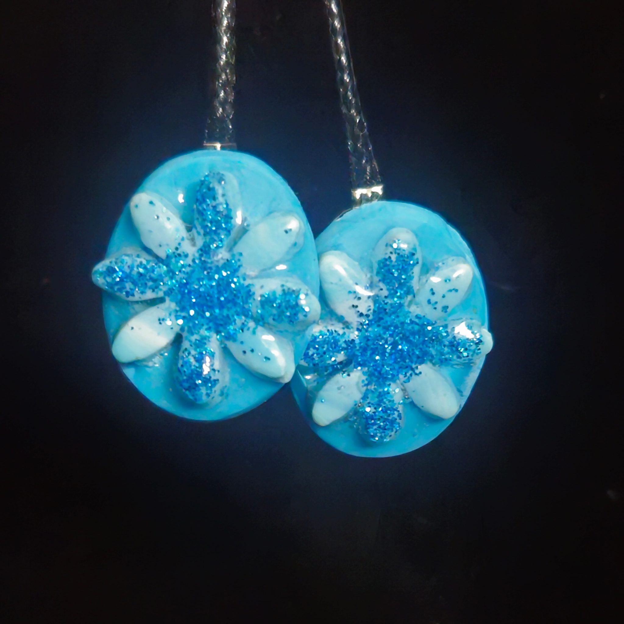 Sky Blue Oval & Blue Glitter Snowflake Resin Earrings
