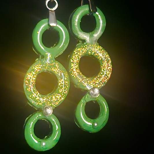Green Triple Ring Resin Dangle Earrings with Gold Glitter