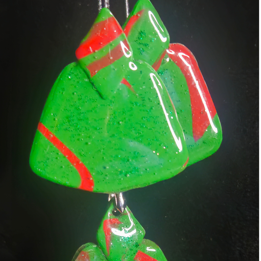Green Glitter & Red Swirl Triangle Resin Earring & Necklace Set