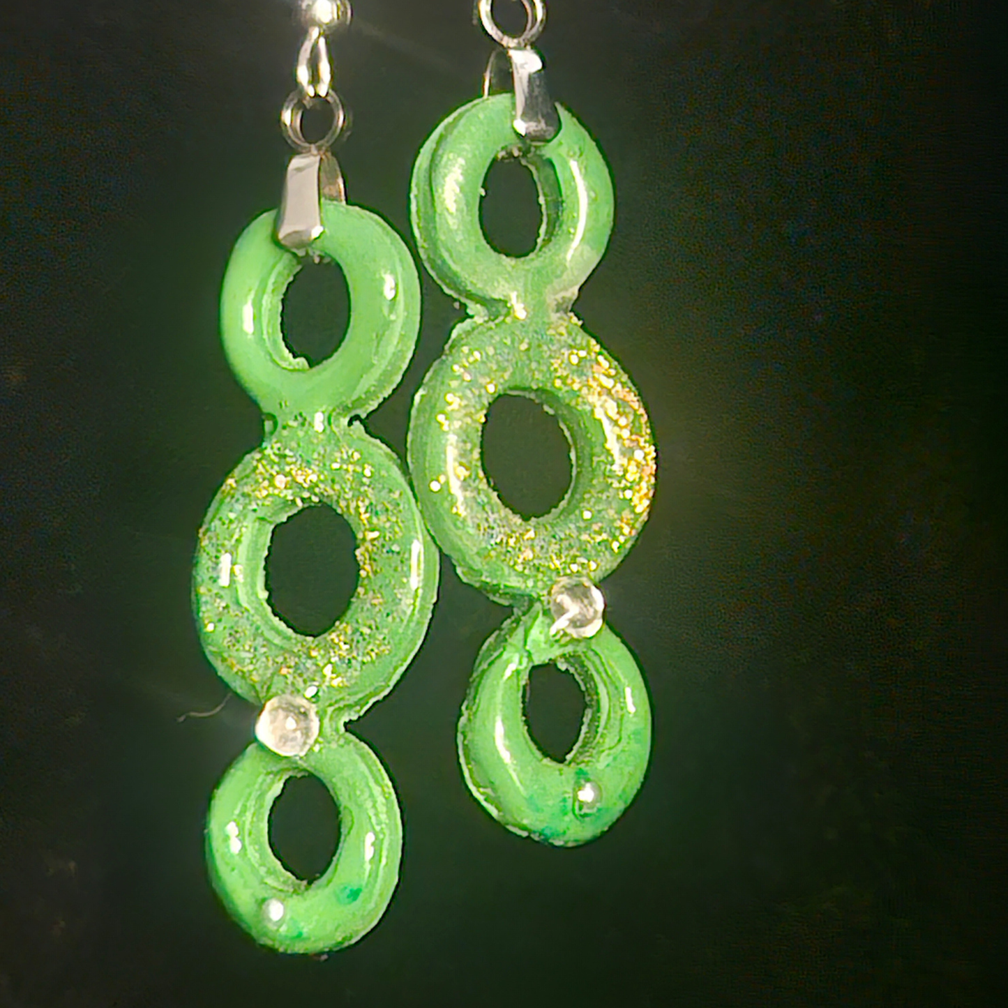 Green Triple Ring Resin Dangle Earrings with Gold Glitter