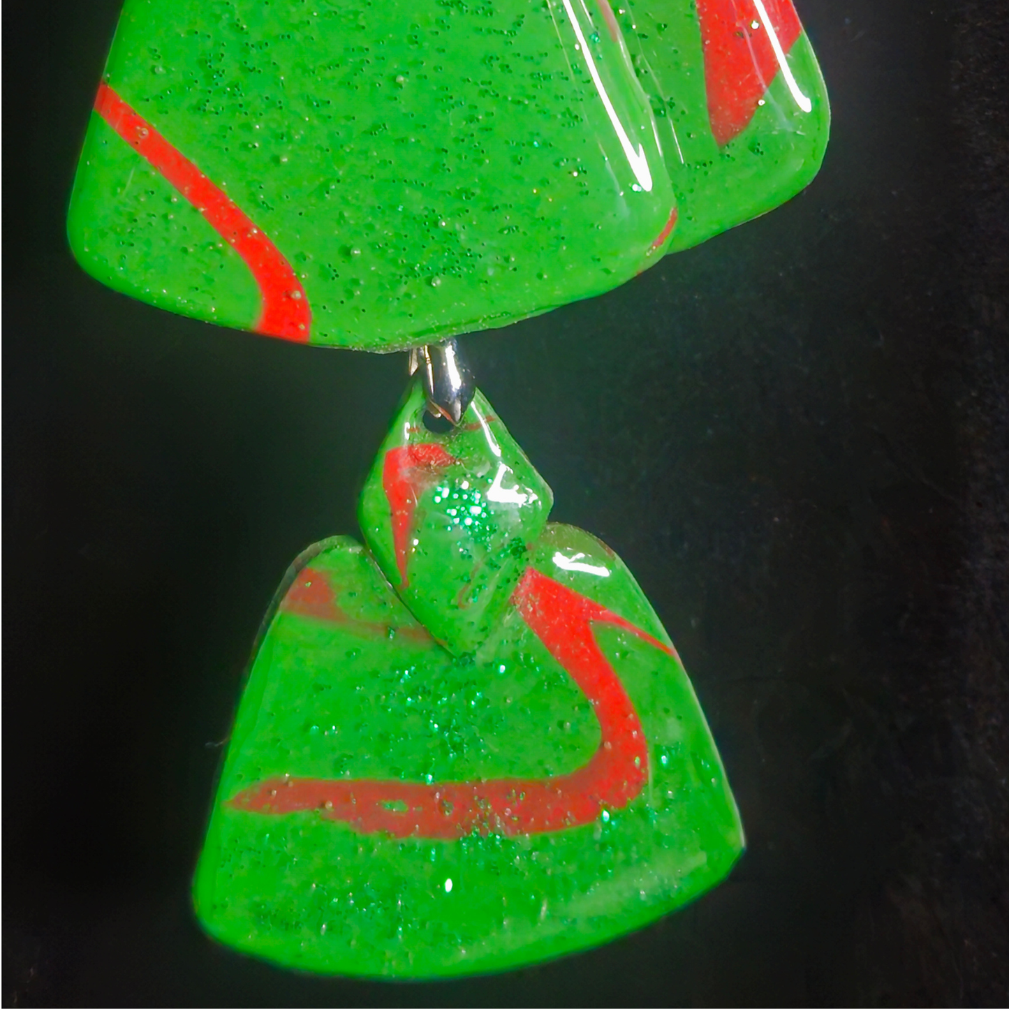 Green Glitter & Red Swirl Triangle Resin Earring & Necklace Set