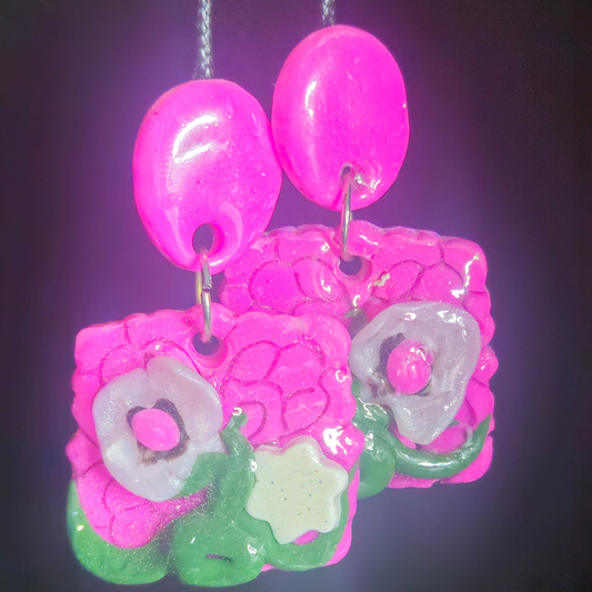 Hot Pink Bubble Square & White Flower Green Leaf Resin Earrings