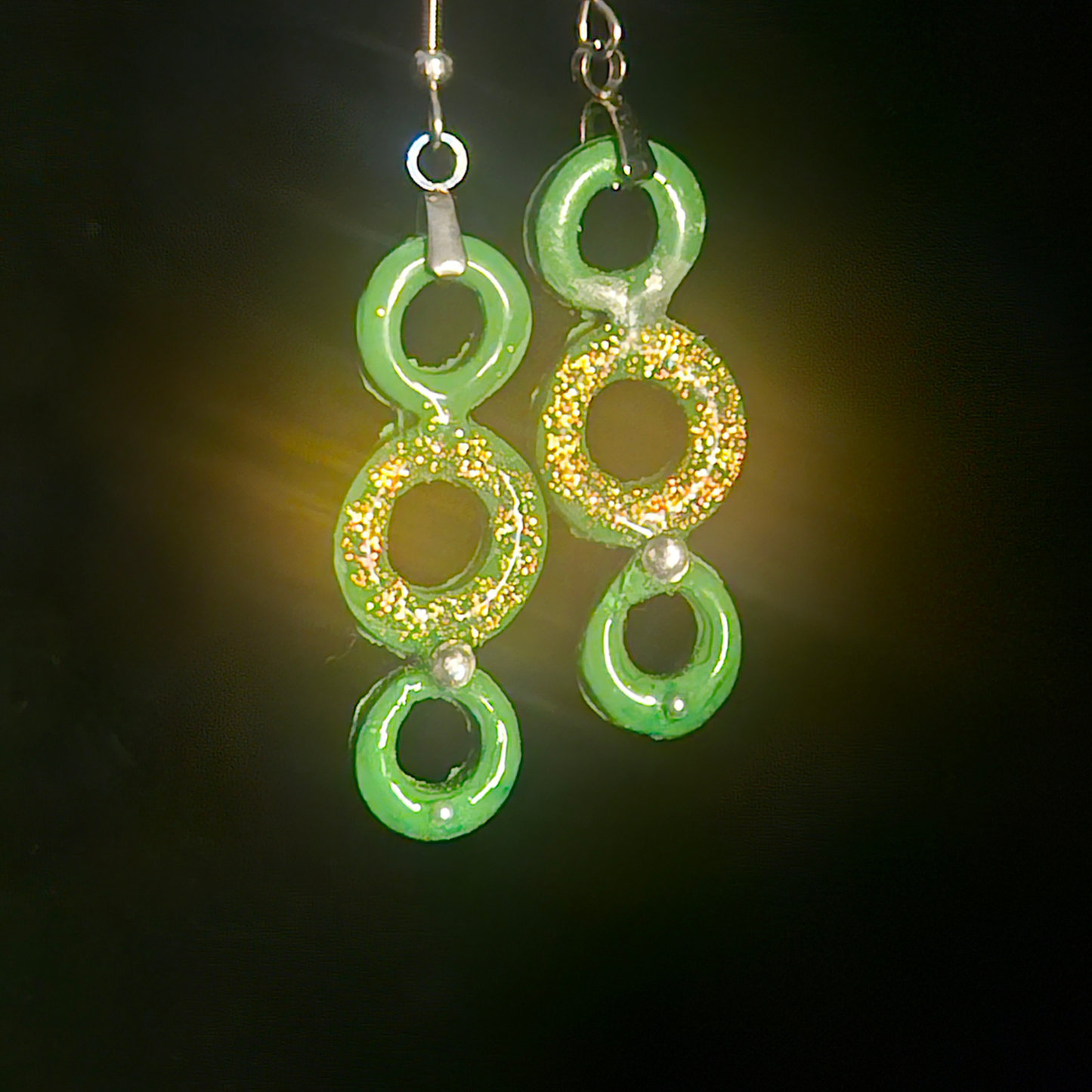Green Triple Ring Resin Dangle Earrings with Gold Glitter