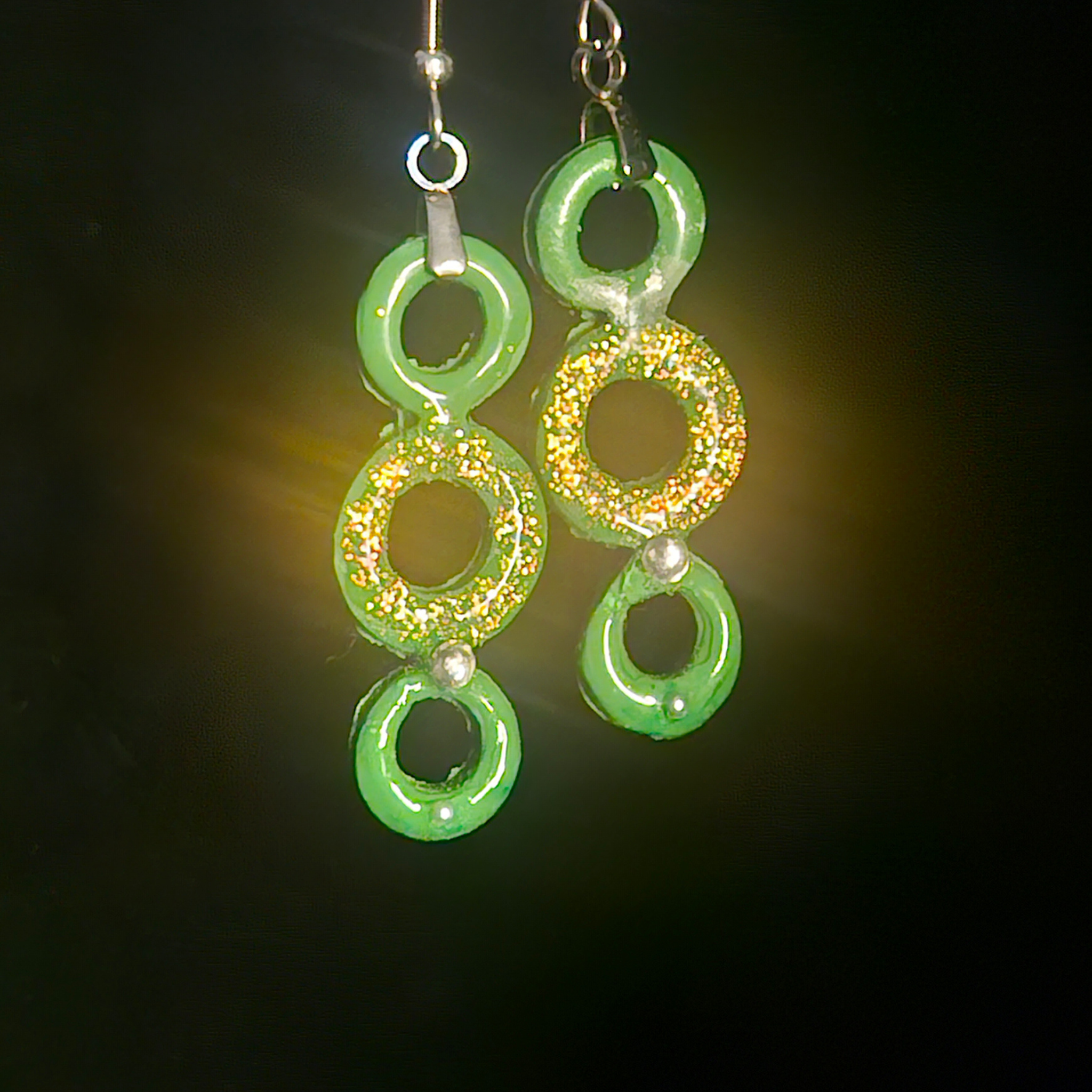 Green Triple Ring Resin Dangle Earrings with Gold Glitter