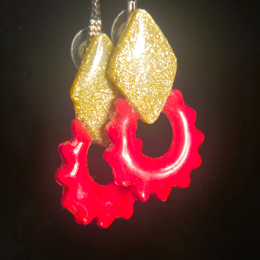 Gold Chunky Glitter Diamond Stud & Red Open Gear Cog Resin Earrings