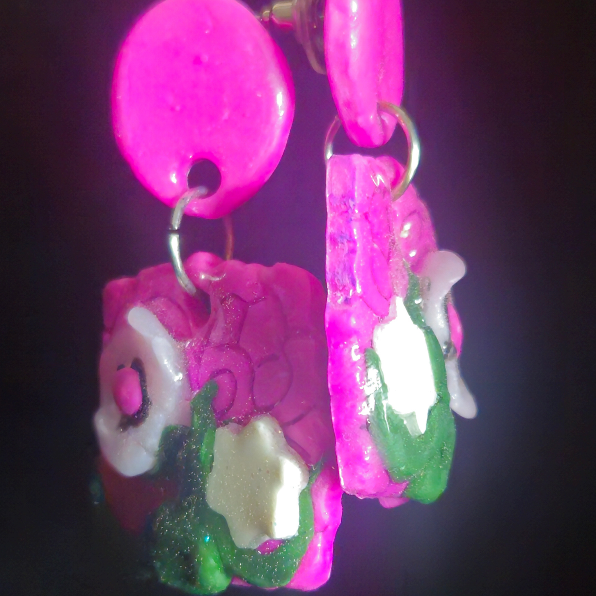 Hot Pink Bubble Square & White Flower Green Leaf Resin Earrings
