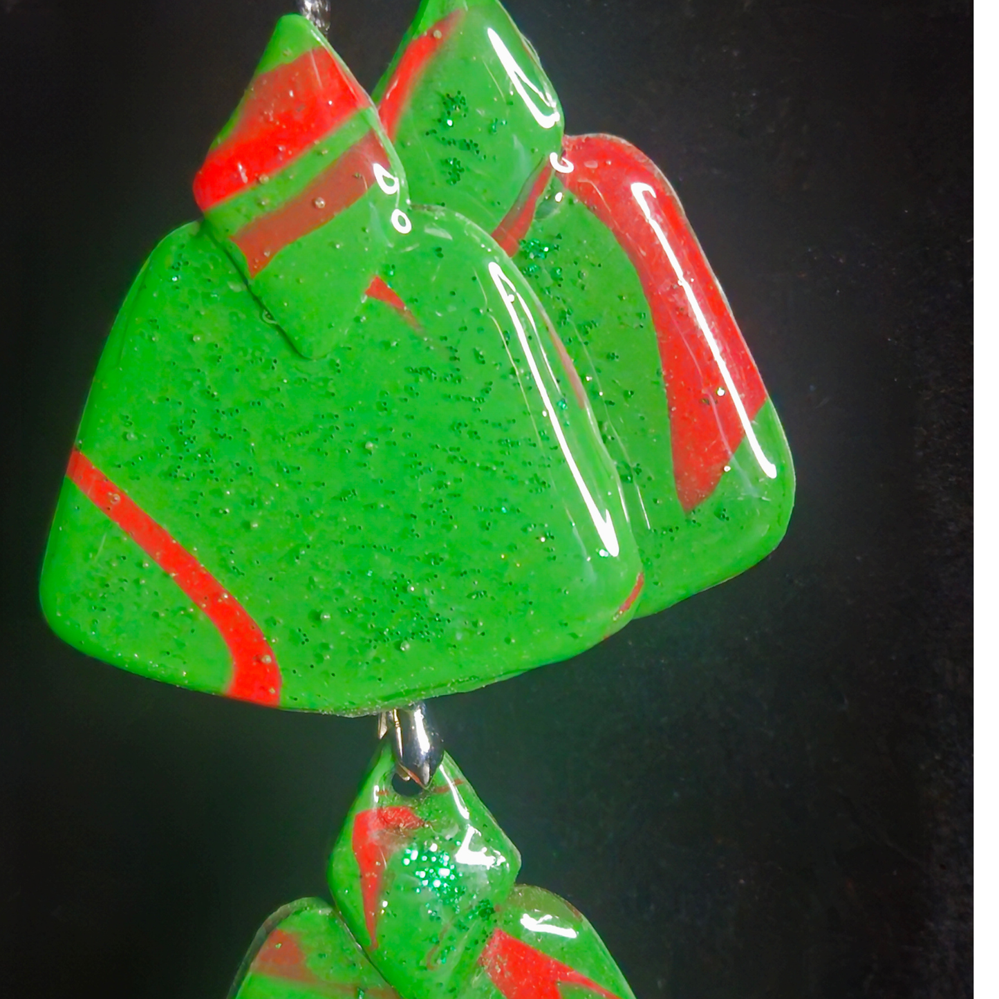 Green Glitter & Red Swirl Triangle Resin Earring & Necklace Set